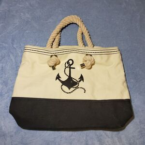 Pure Nautical Canvas Tote Bag Anchor Graphic White Black Rope Handles Large Beac